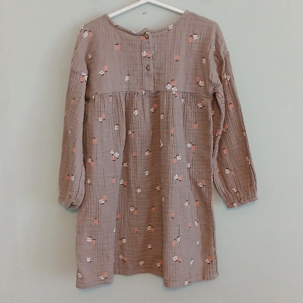 H&M Girl's Tan Floral Long-Sleeve Cotton Dress Size 6